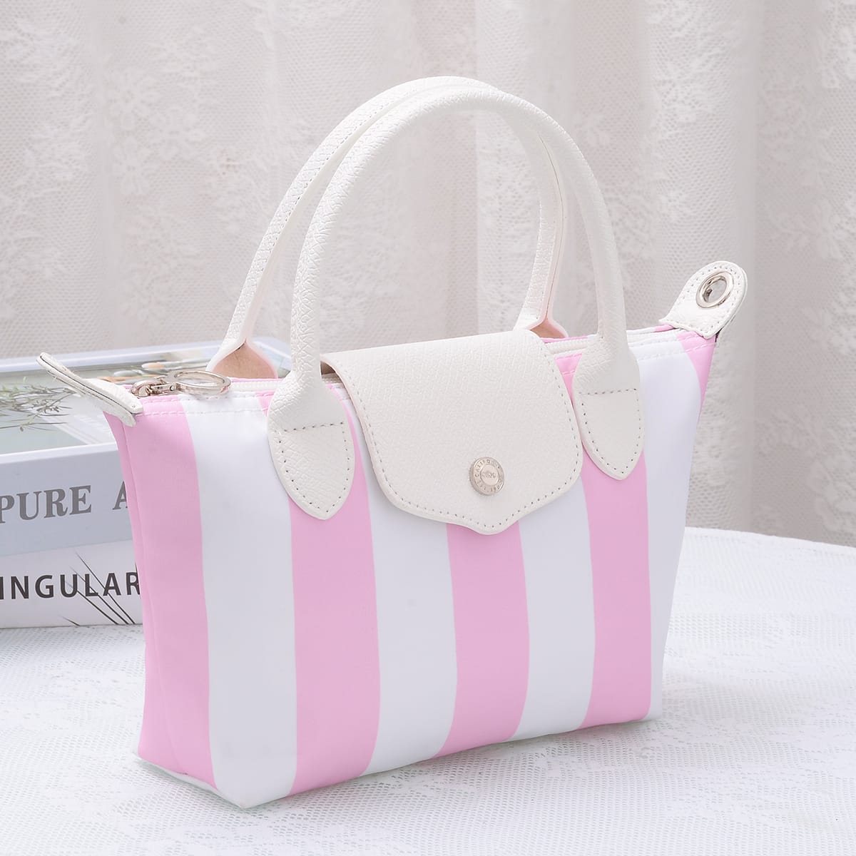 PP782S Riley Striped Nylon Double Handle Crossbody Bag - MiMi Wholesale