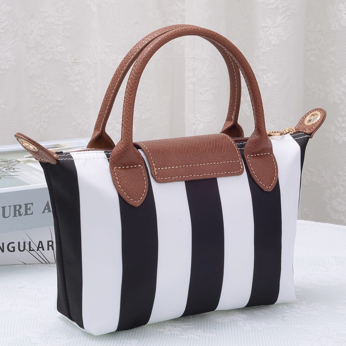 PP782S Riley Striped Nylon Double Handle Crossbody Bag - MiMi Wholesale