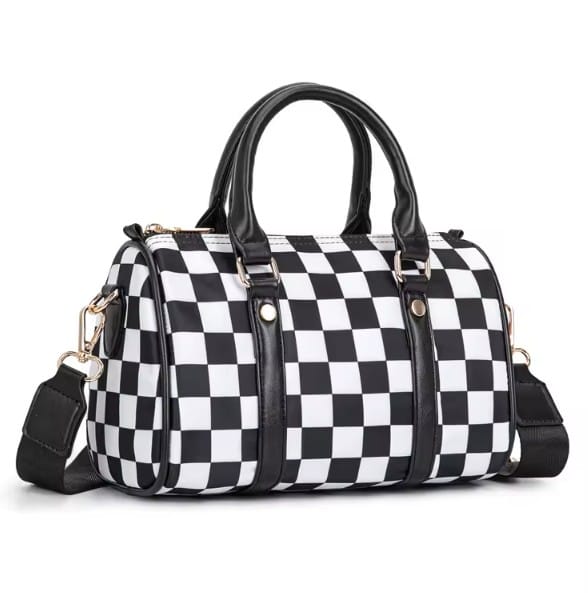 SF22407 Ella Nylon Checker and Solid Color Boston Bag - MiMi Wholesale