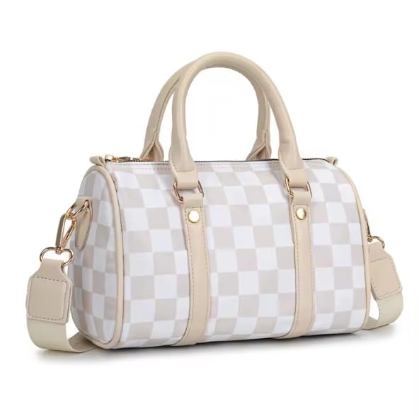 SF22407 Ella Nylon Checker and Solid Color Boston Bag - MiMi Wholesale