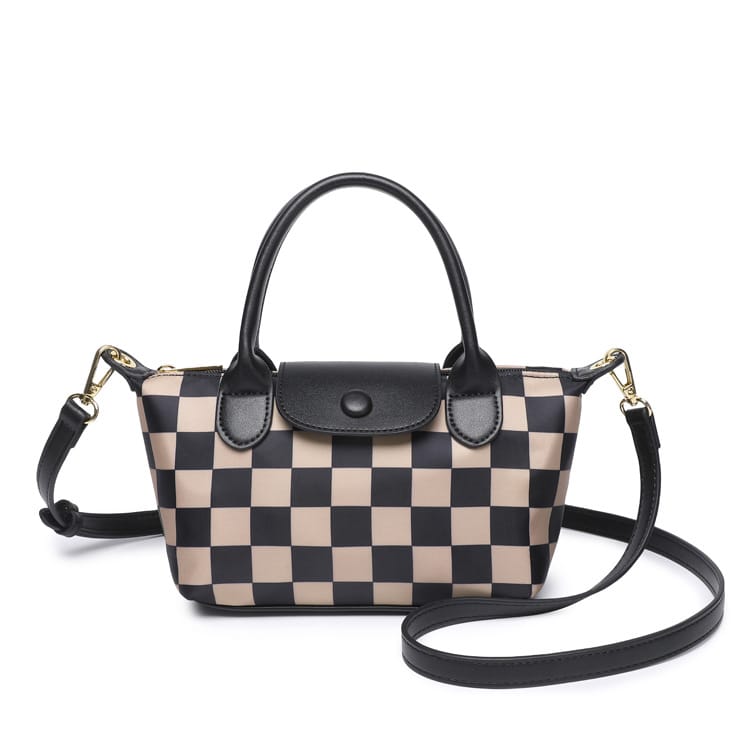 SF261016 Nylon Checker and Solid Double Handle Crossbody Bag - MiMi Wholesale