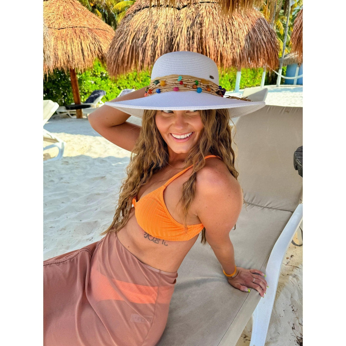 STH0025 Gloria Colorful Bead Trim Wide Brim Hat - MiMi Wholesale