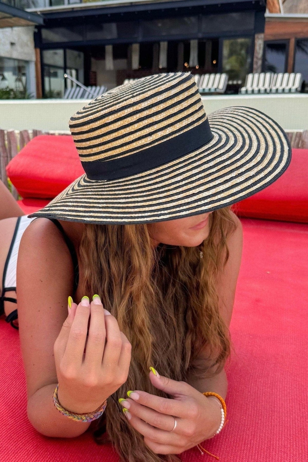 STH0033 Kara Striped Boater Hat - MiMi Wholesale