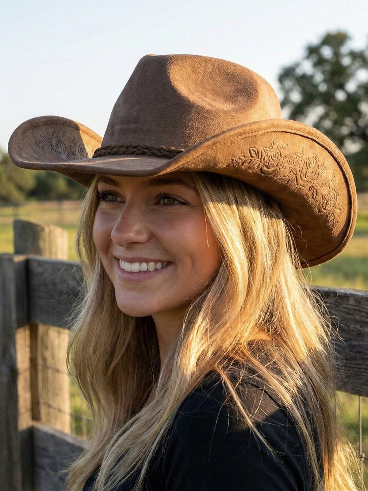 VCC0091 Floral Embroidery Suede Cowboy Hat - MiMi Wholesale