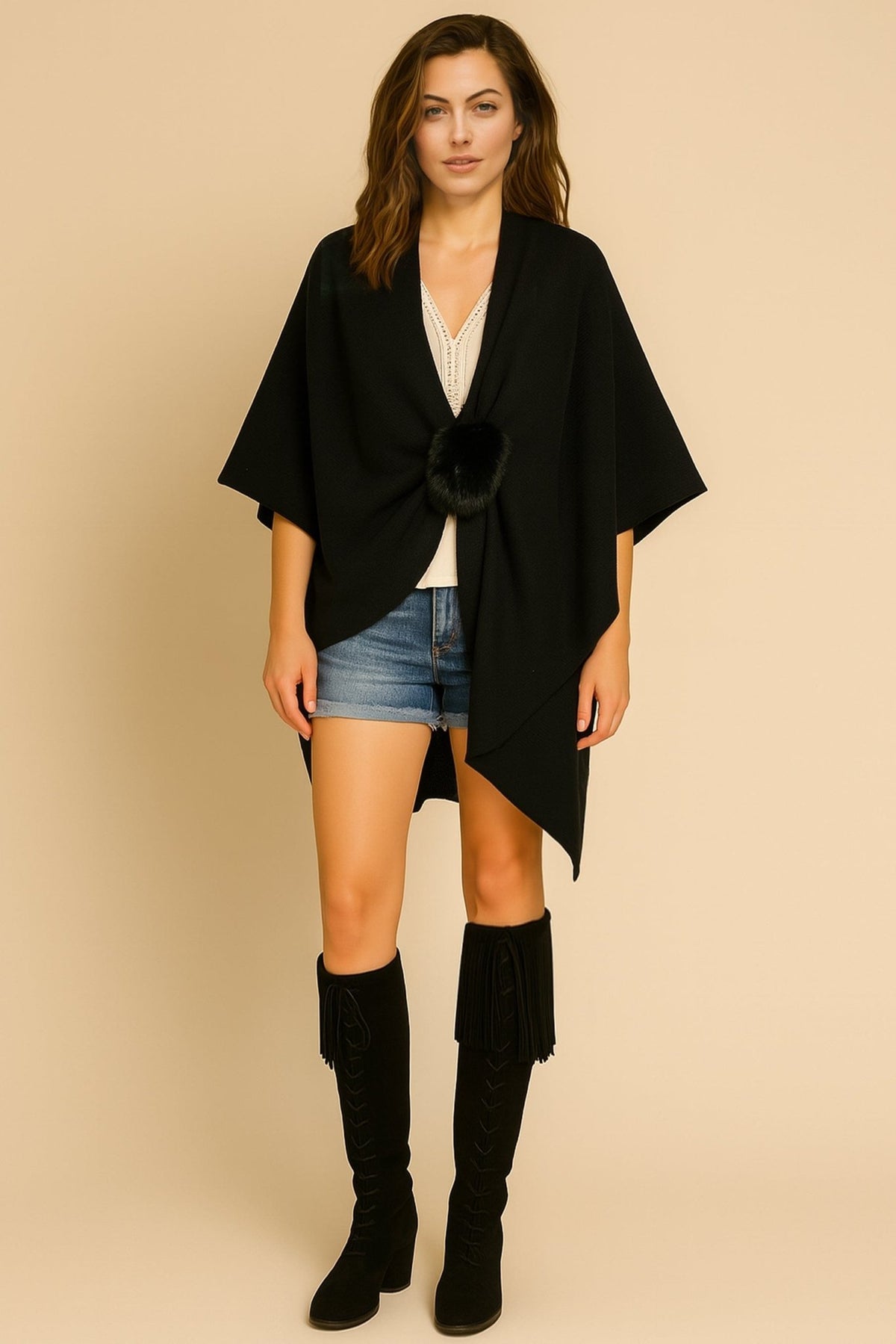 WCR520113 Solid Ruana With Fur Strap - MiMi Wholesale