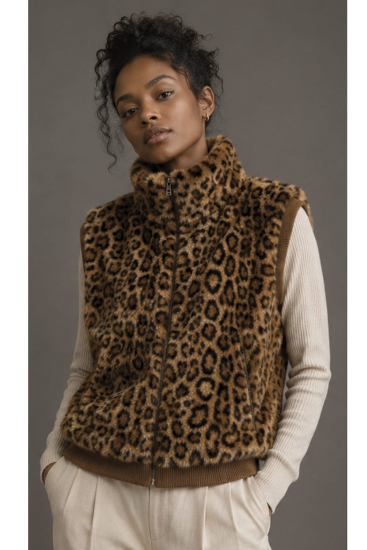 WCVS636 Bianca Leopard Faux Fur Rib Trim Vest - MiMi Wholesale