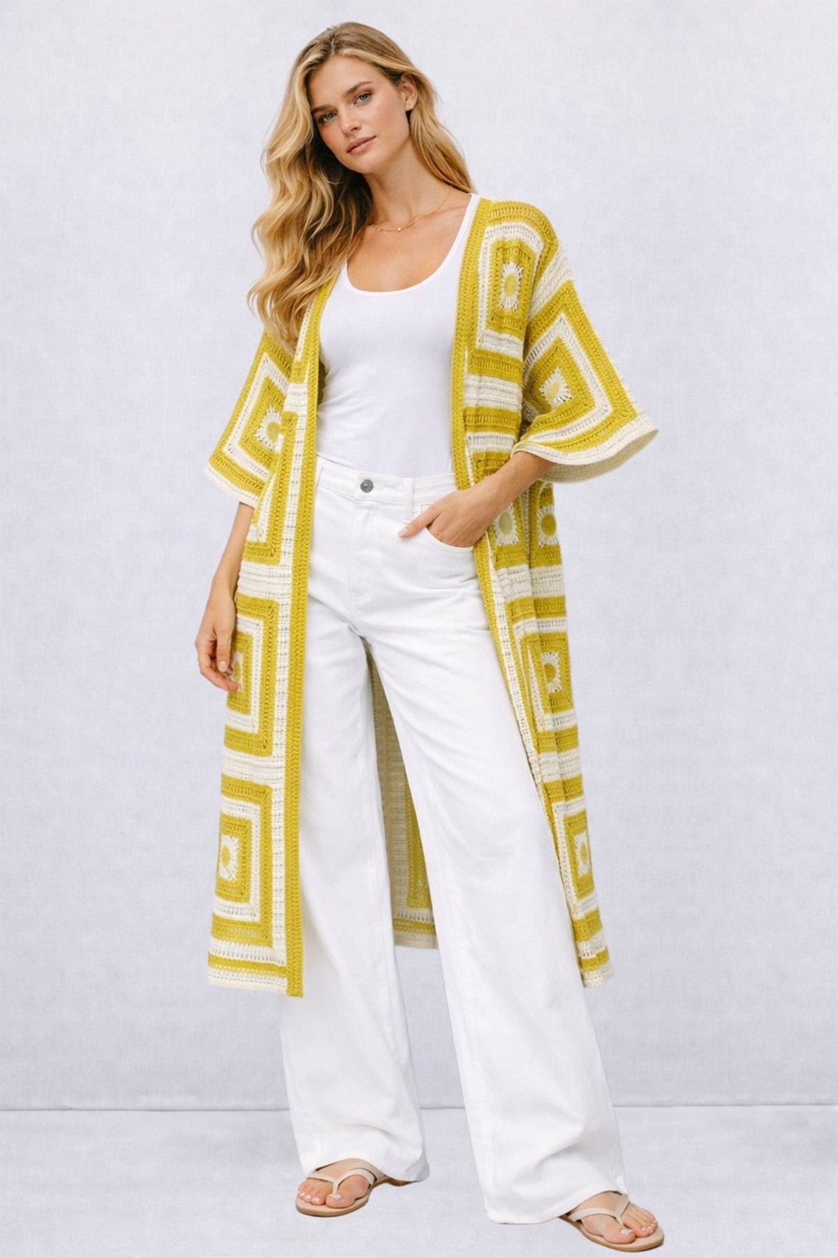 WLCS078 Square Pattern Crochet Cardigan - MiMi Wholesale
