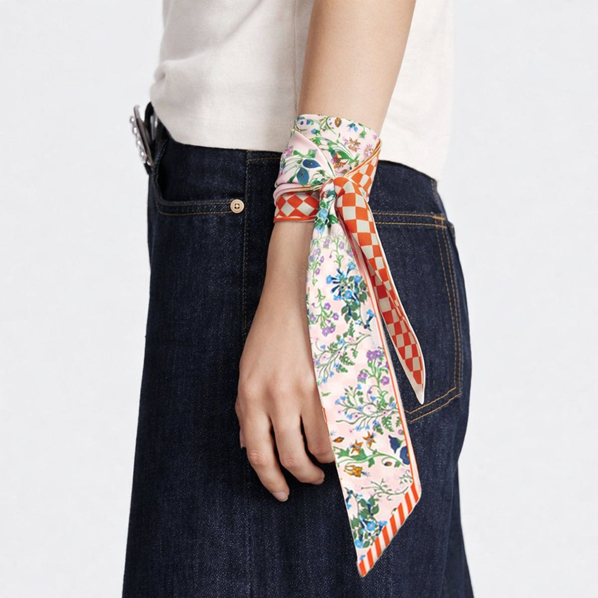 WLLS188 Check Floral Skinny Scarf - MiMi Wholesale
