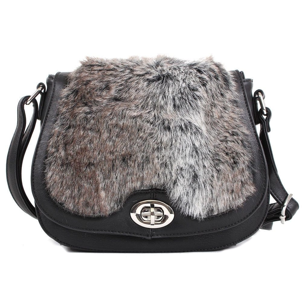 64638 Tricolor Faux-Fur Turn Clasp Saddle Crossbody - MiMi Wholesale