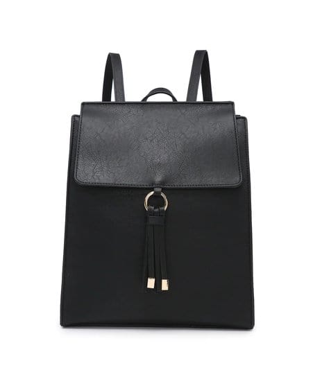 black leather zip top backpack with tassel BP1967(BK) Structured Flapover Backpack w/ Tassel