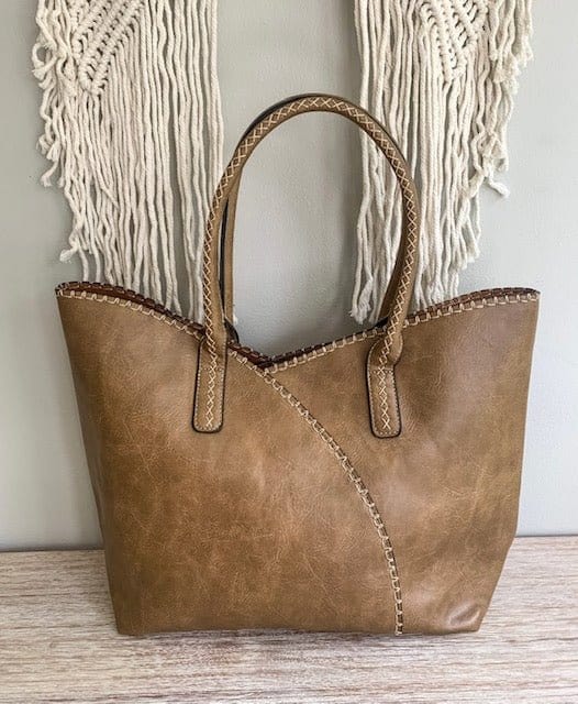 COL0012 2-in-1 Stitch Trim Detail Shoulder/Tote Set Bag - MiMi Wholesale