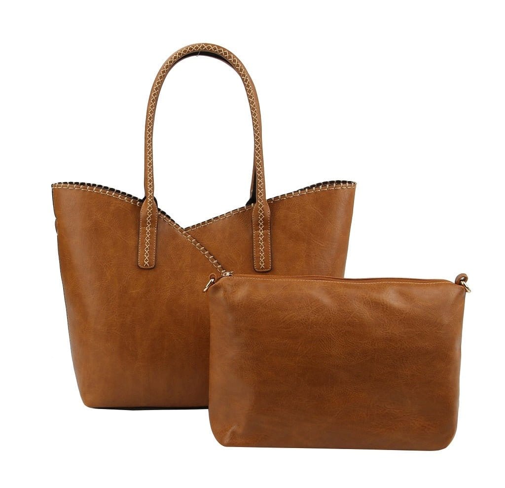 COL0012 2-in-1 Stitch Trim Detail Shoulder/Tote Set Bag - MiMi Wholesale