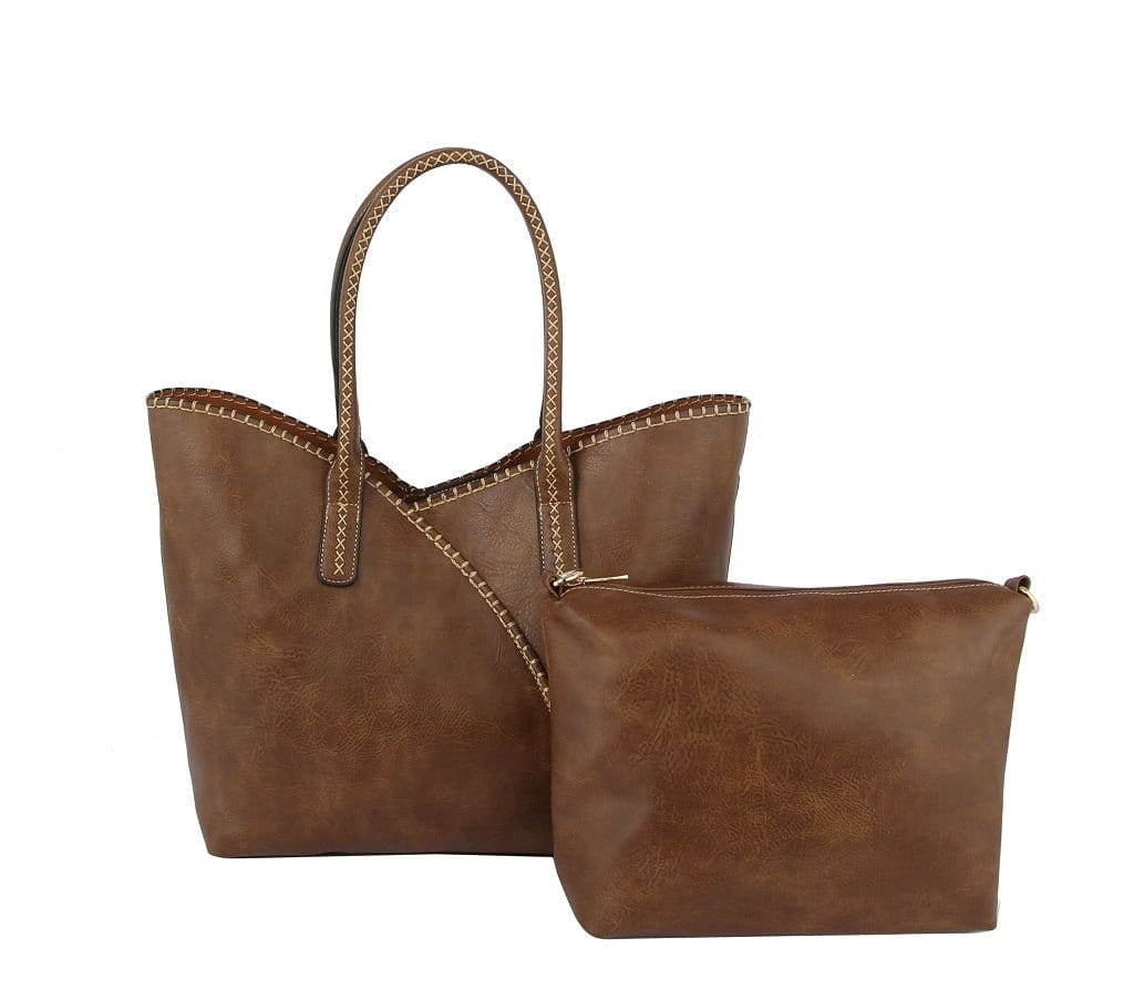 COL0012 2-in-1 Stitch Trim Detail Shoulder/Tote Set Bag - MiMi Wholesale