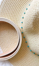 H3318 Turquoise Bead Chain Straw Panama Sun Hat - MiMi Wholesale