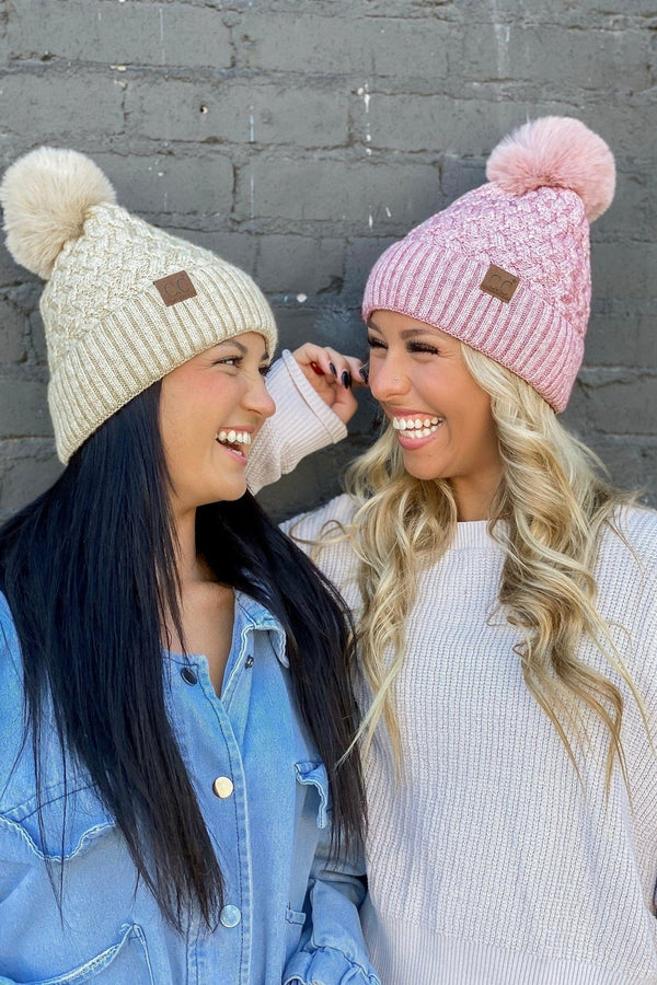 HAT3861 Kayley Woven Cable Knit Cuffed Pom Beanie - MiMi Wholesale