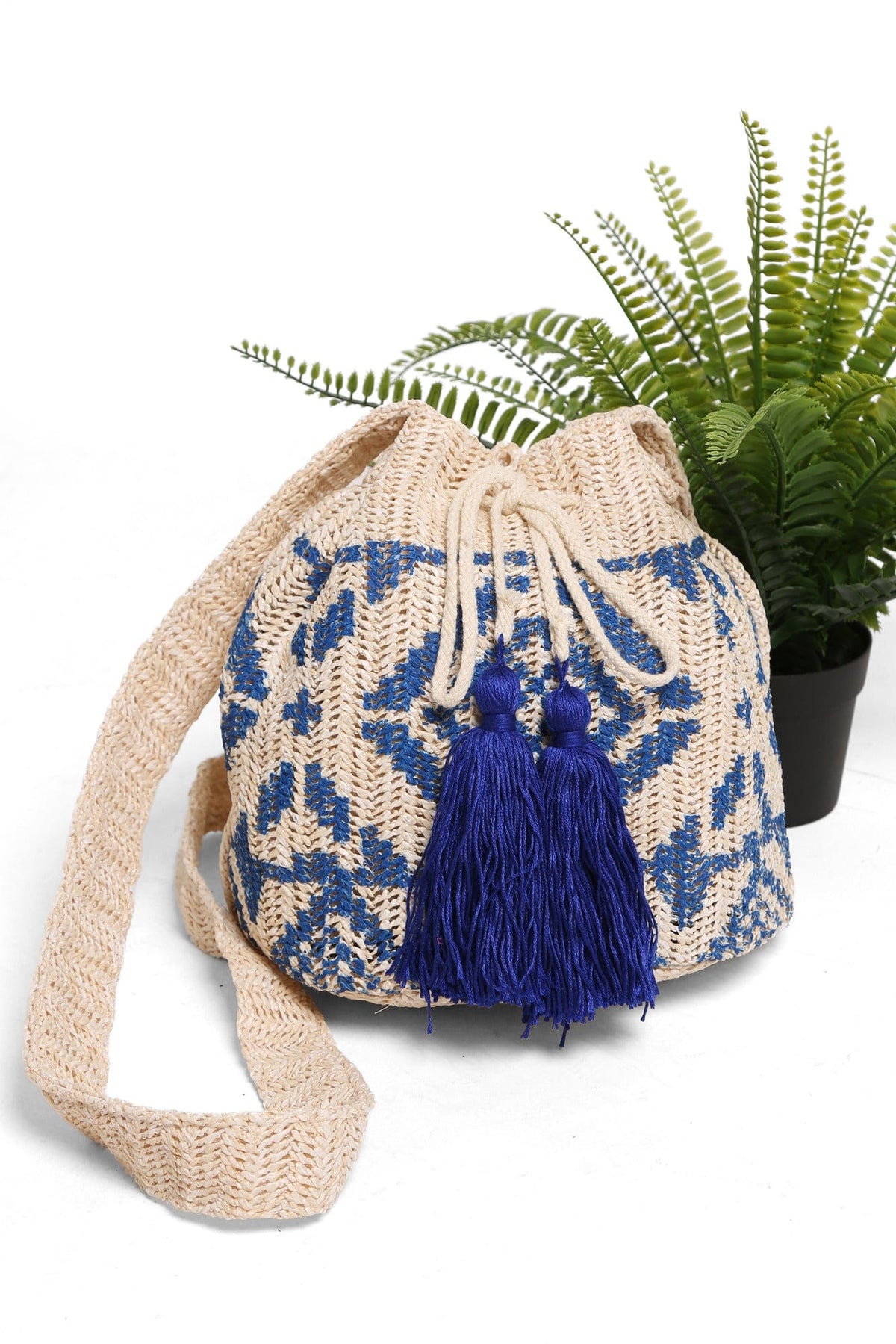 JBG211 Ariel Tribal Straw Crossbody Bucket Bag - MiMi Wholesale