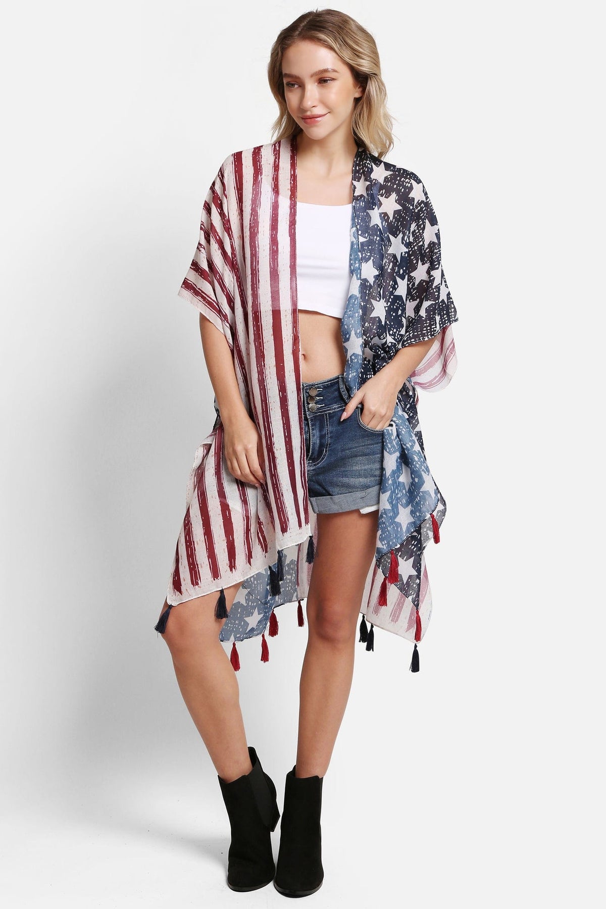 JP5008 American Flag Kimono With Tassels - MiMi Wholesale
