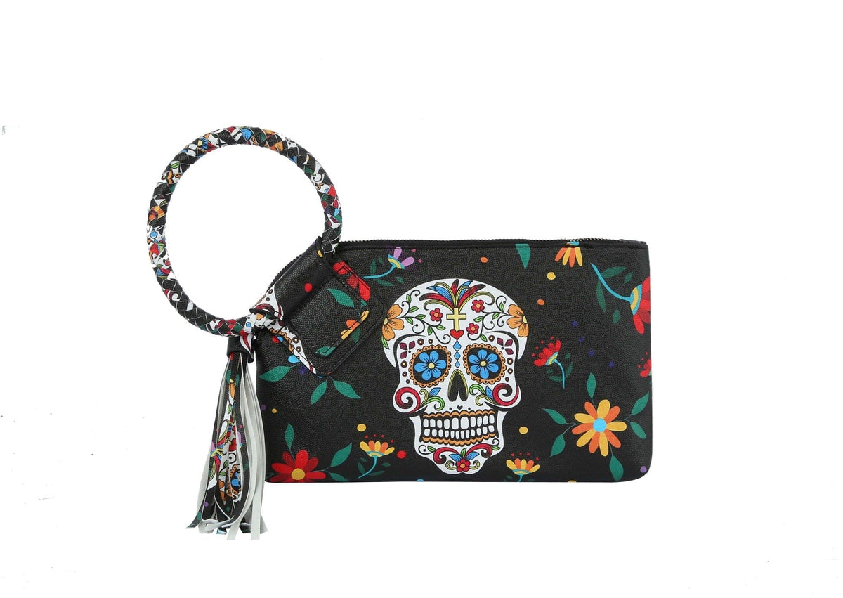 JY0406 Gabriela Sugar Skull Day of the Dead Tassel Wristlet/Clutch - MiMi Wholesale