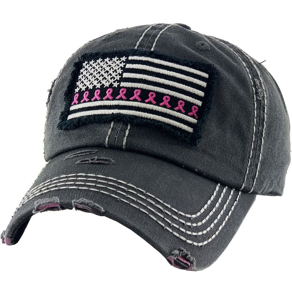 KBV1340 Breast Cancer Ribbon Flag Vintage Washed Baseball Cap - MiMi Wholesale