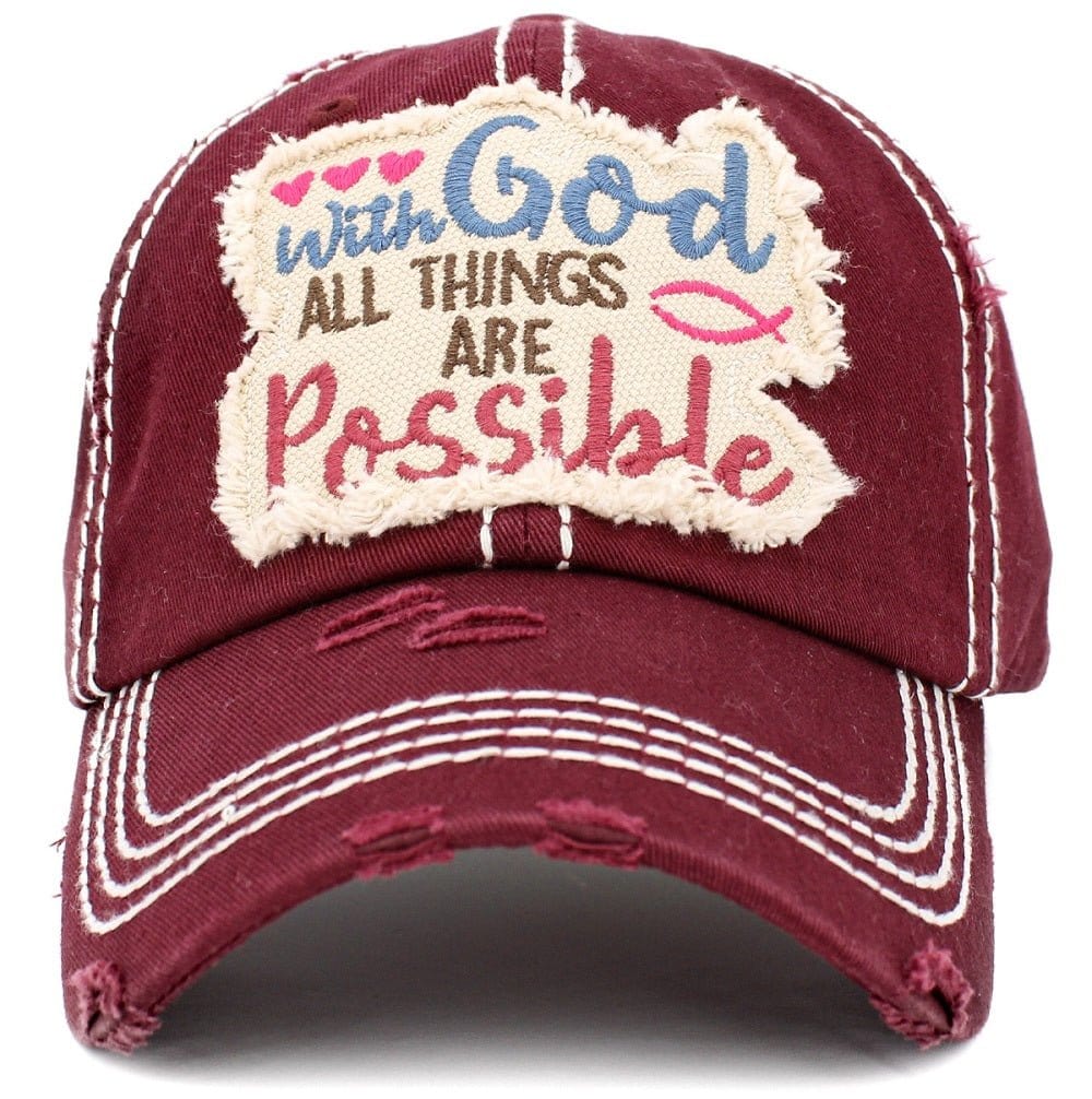 KBV1404 ''WITH GOD ALL THINGS ARE POSSIBLE'' Distressed Cotton Cap - MiMi Wholesale