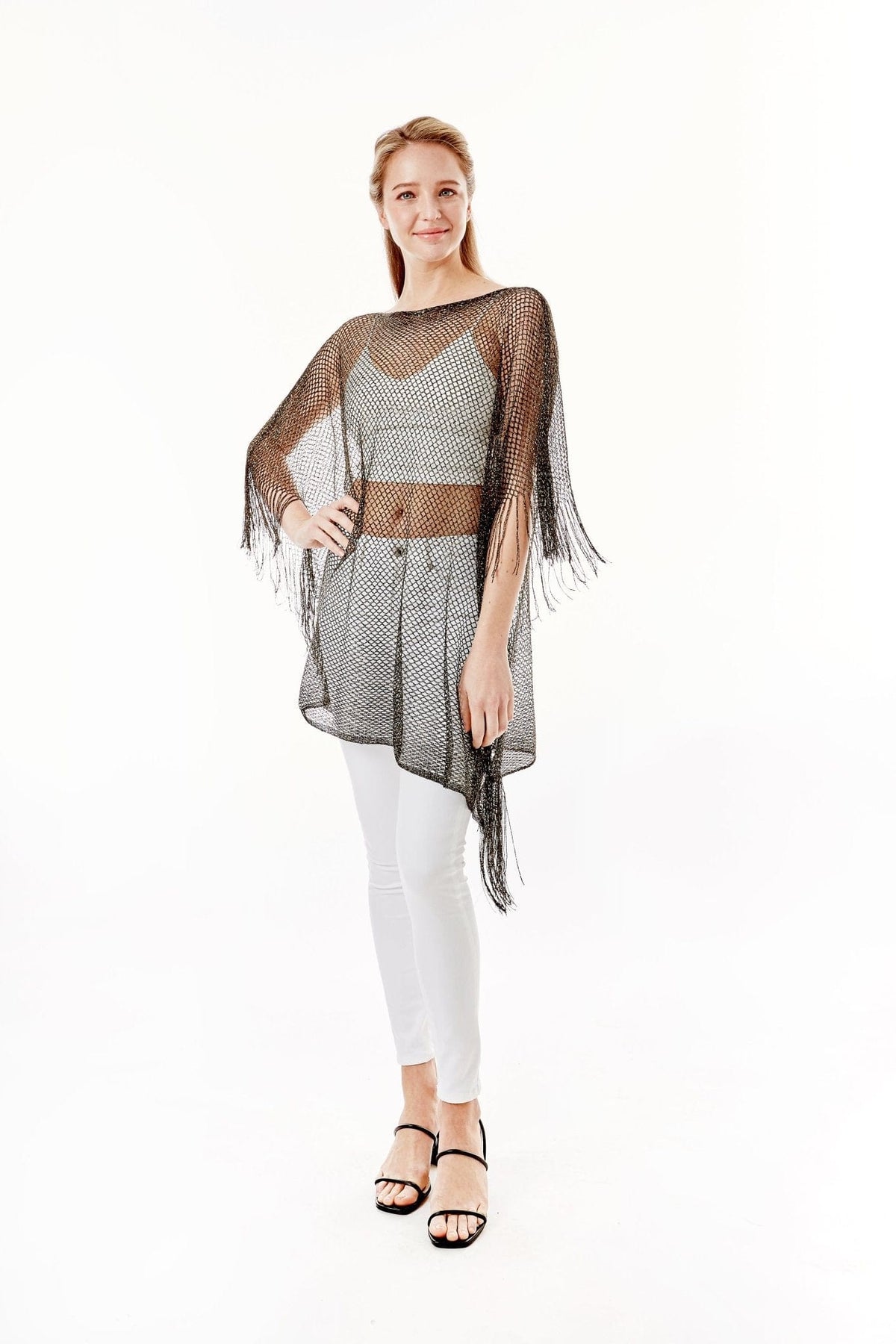 LOF801Metallic Net Cover-ups Fringes Poncho - MiMi Wholesale