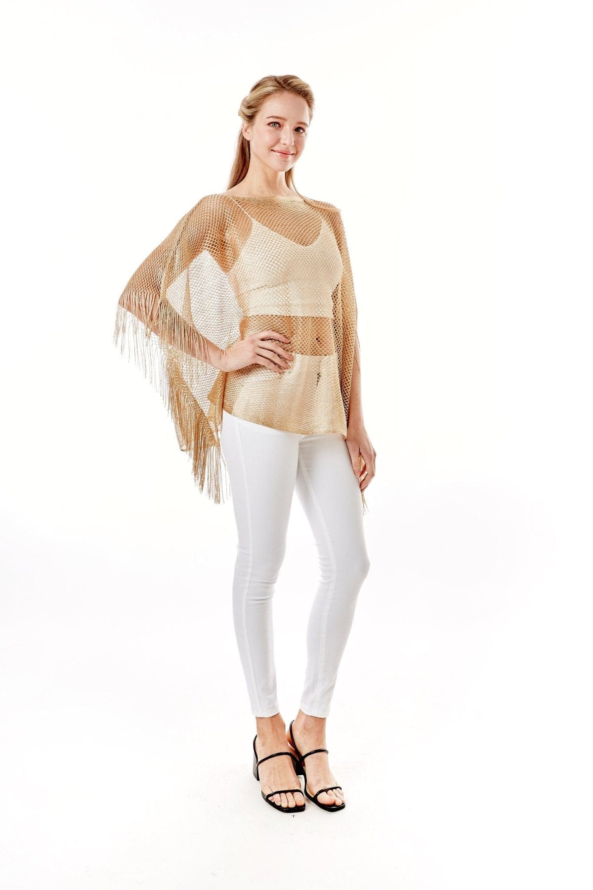 LOF801Metallic Net Cover-ups Fringes Poncho - MiMi Wholesale