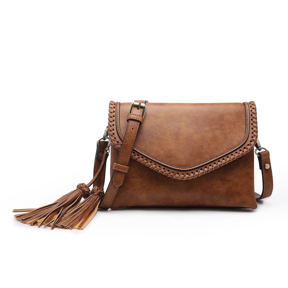 M1802A Flapover Crossbody w/ Whipstitch & Double Tassel - MiMi Wholesale