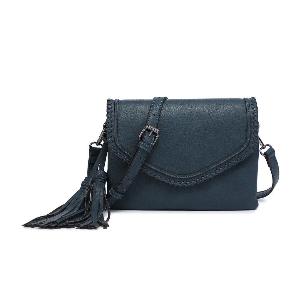 M1802A Flapover Crossbody w/ Whipstitch & Double Tassel - MiMi Wholesale