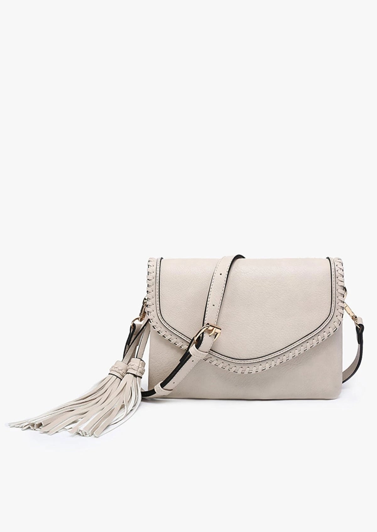 M1802A Flapover Crossbody w/ Whipstitch & Double Tassel - MiMi Wholesale
