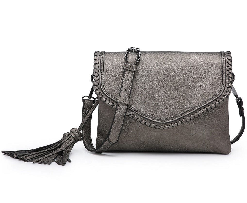 M1802A Flapover Crossbody w/ Whipstitch & Double Tassel - MiMi Wholesale