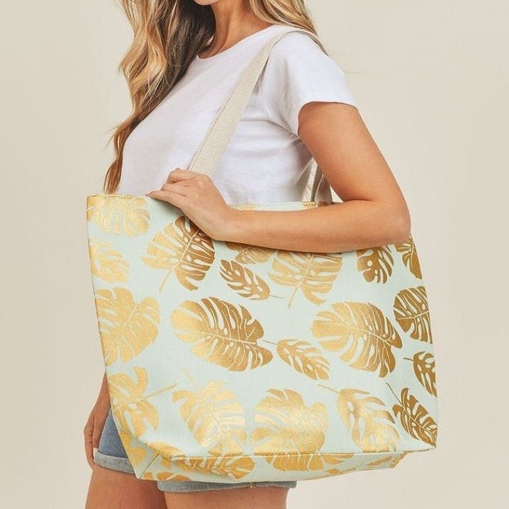 MB0085 Silver Tropical Leaf Foil Beach Bag - MiMi Wholesale