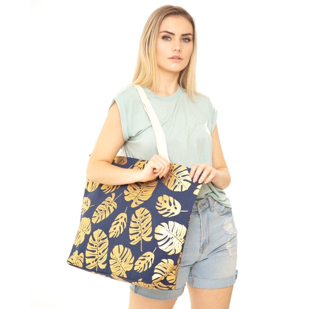 MB0085 Silver Tropical Leaf Foil Beach Bag - MiMi Wholesale