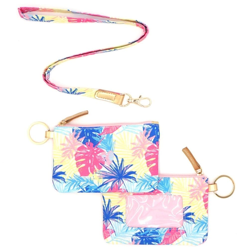 MB0145(PK.BL) Tropical Leaves Lanyard ID Wallet - MiMi Wholesale