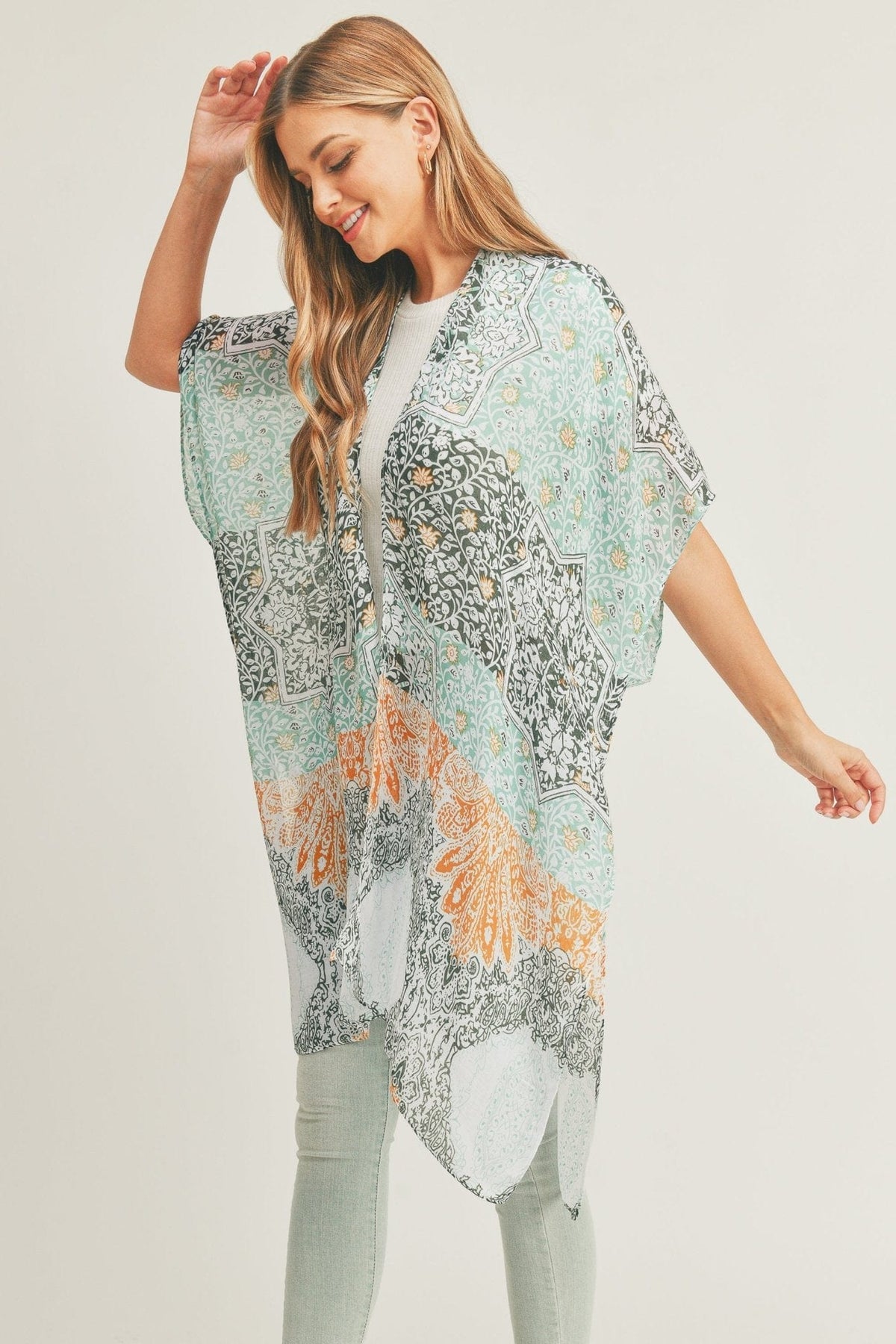MS0286 Leena Mixed Print Kimono - MiMi Wholesale