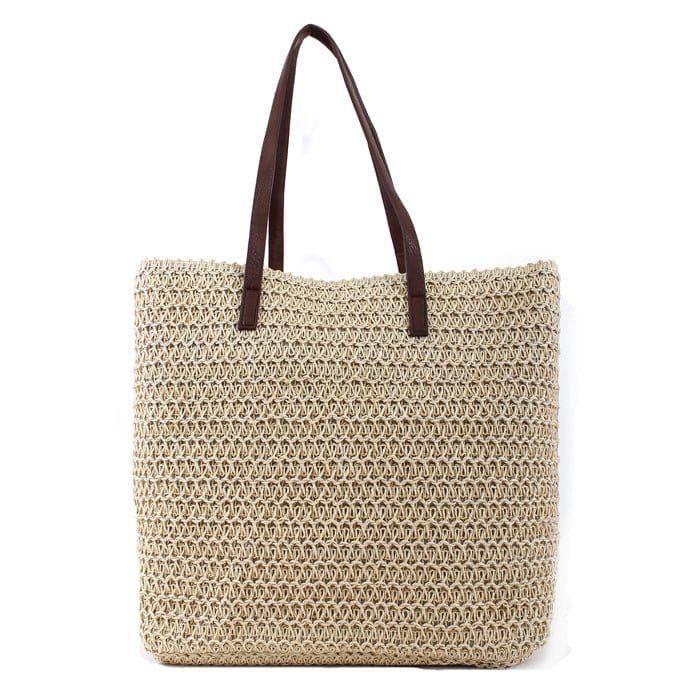 PB0033 Leather Handle Straw Beach Bag/Tote - MiMi Wholesale