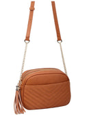 WU121 Veronica Double Zipper V Pattern Stitch Tassel Crossbody Bag - MiMi Wholesale