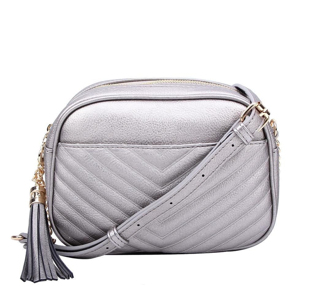 WU121 Veronica Double Zipper V Pattern Stitch Tassel Crossbody Bag - MiMi Wholesale