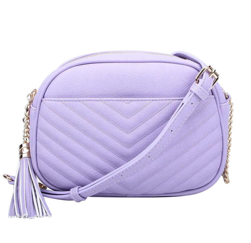WU121 Veronica Double Zipper V Pattern Stitch Tassel Crossbody Bag - MiMi Wholesale