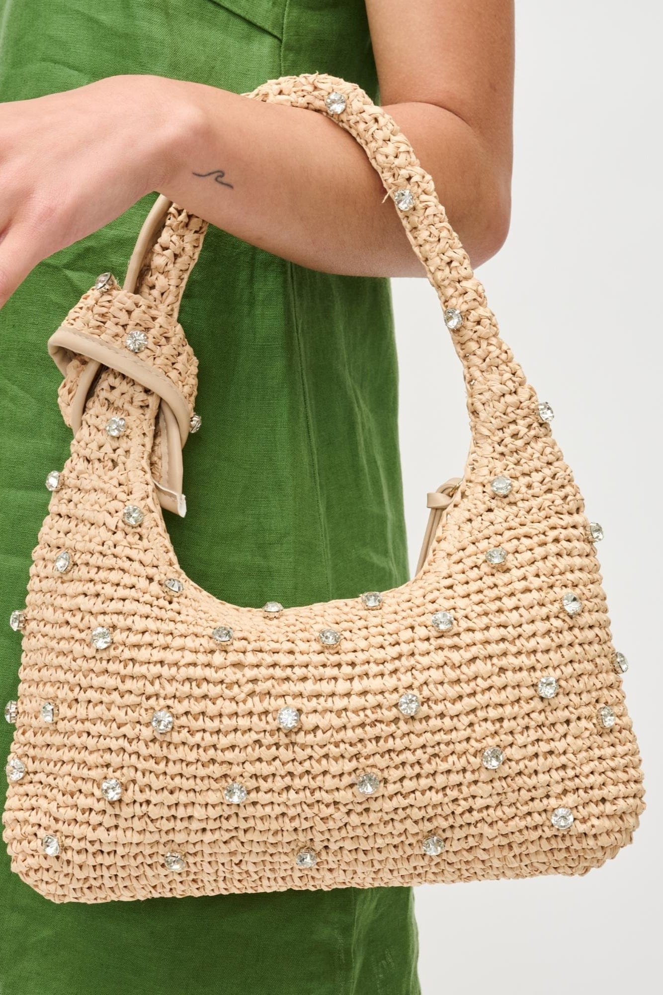28256 Jessa Straw Shoulder Bag With Rhinestones
