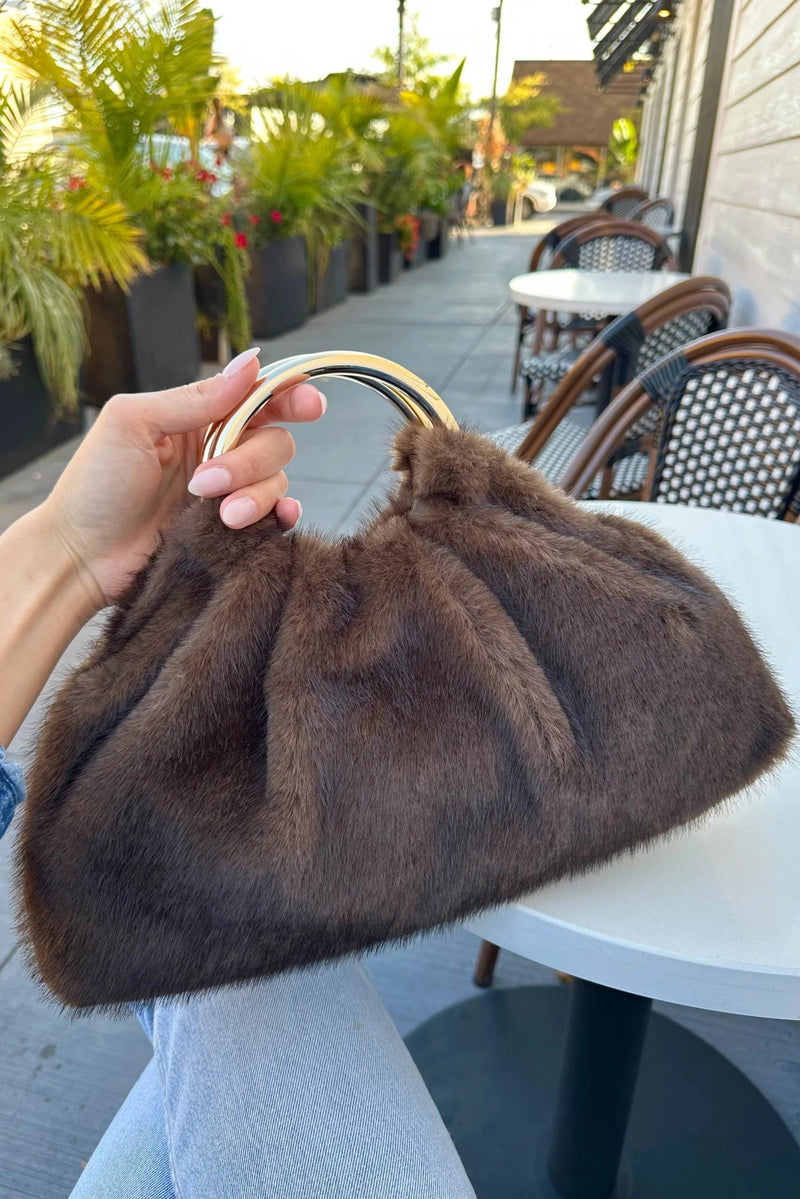 28823F Faux Fur Clutch Bag With Ring Handle - MiMi Wholesale