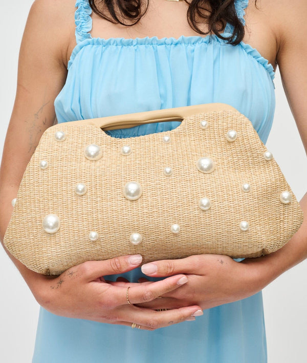 28827 Mallory Straw Pearls/Stud Clutch - MiMi Wholesale