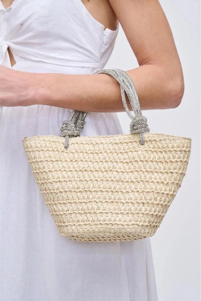 34243 Gaia Mini Straw Tote With Rhinestone Handle - MiMi Wholesale