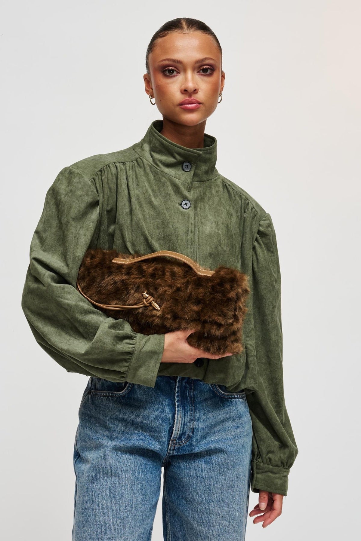 35362LF Brown bag styled on model, view 1