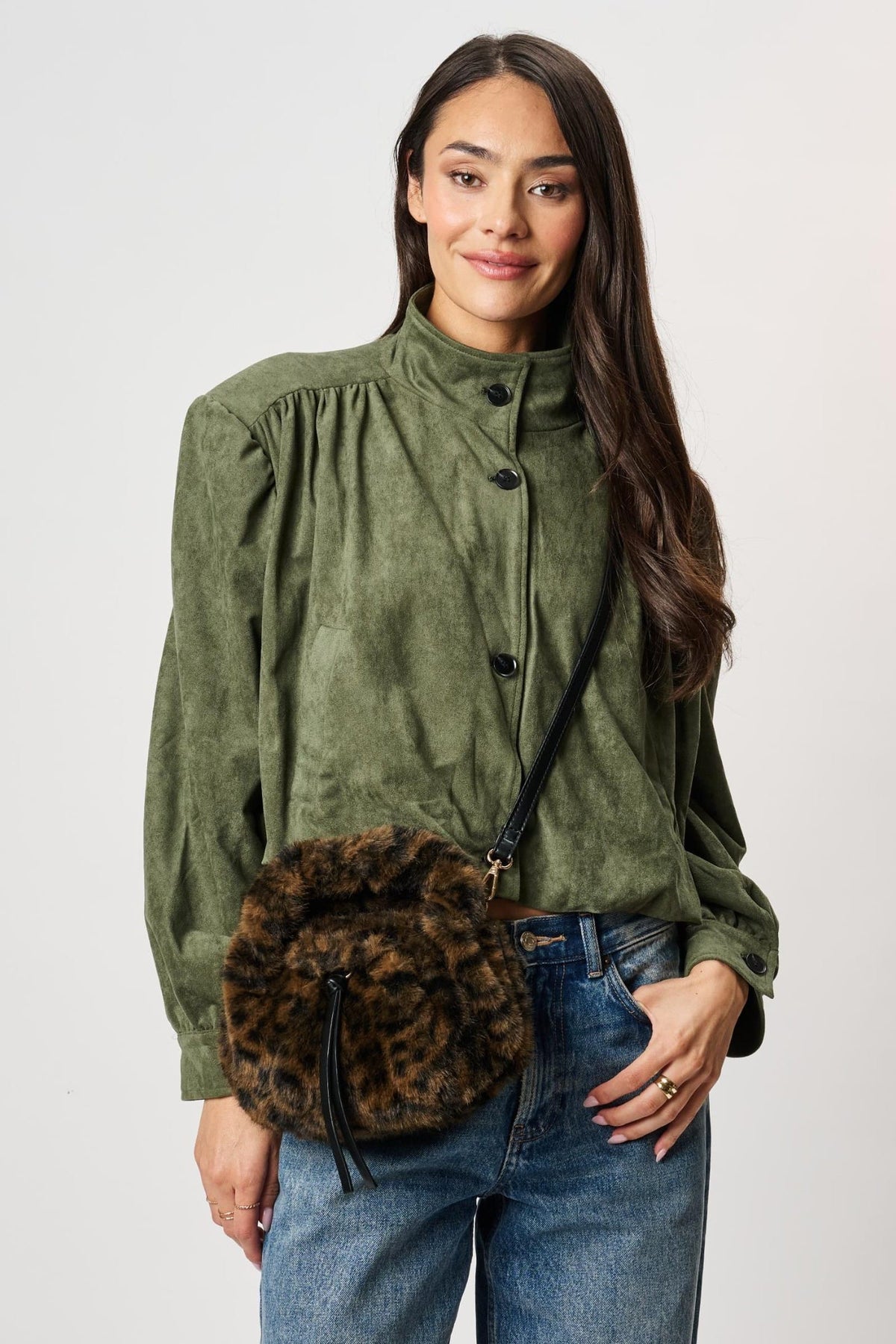 Moda Luxe 38240ML Leopard bag styled on model, view 2