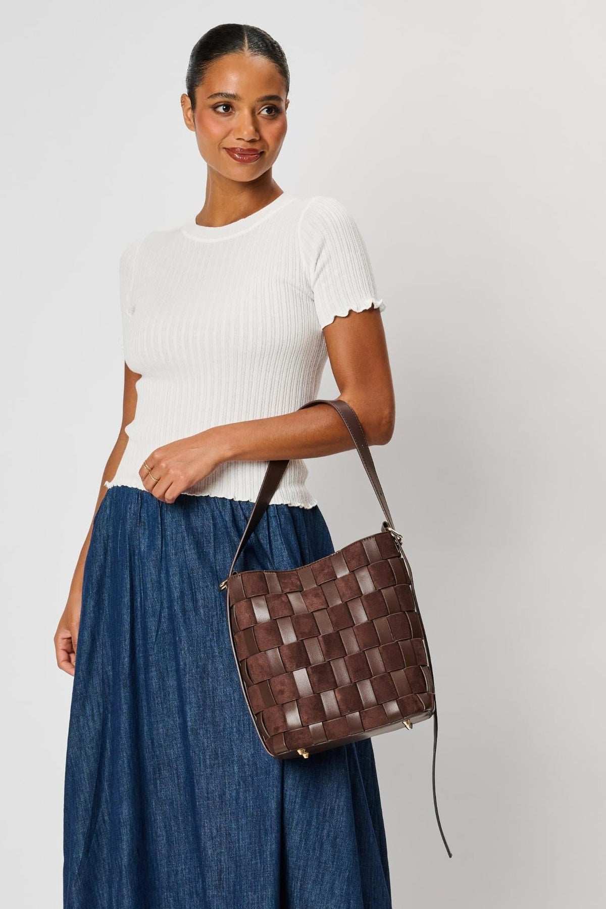 Moda Luxe 38684ML Chocolate bag styled on model, view 3