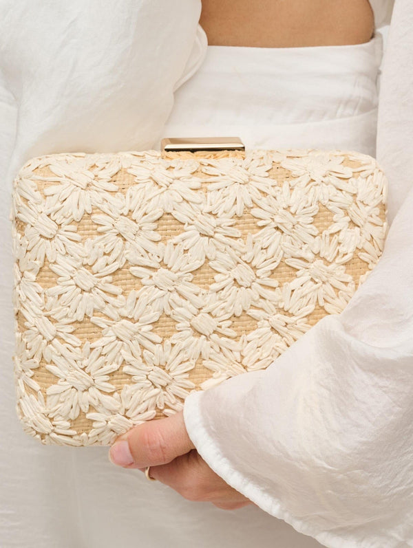 60790 Samantha Floral Straw Clutch/Evening Bag With Chain Strap - MiMi Wholesale