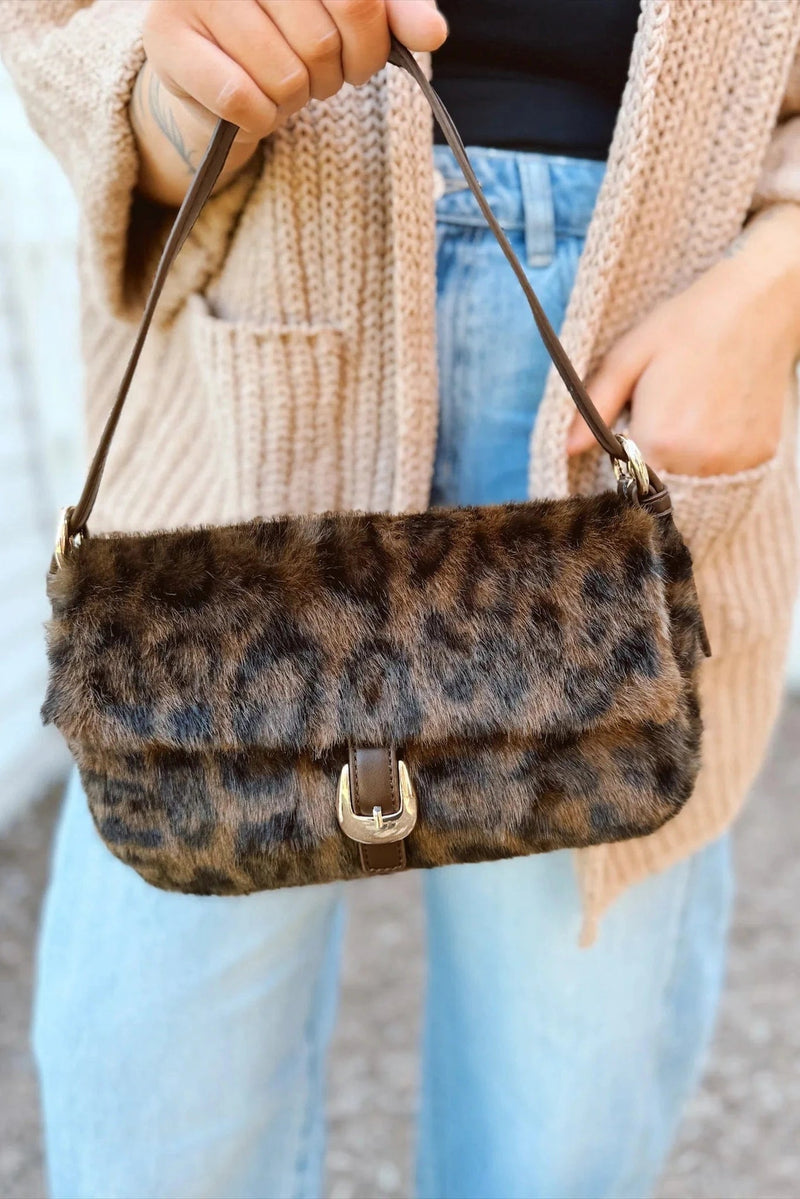 61647L Faux Fur Leopard Shoulder Bag - MiMi Wholesale