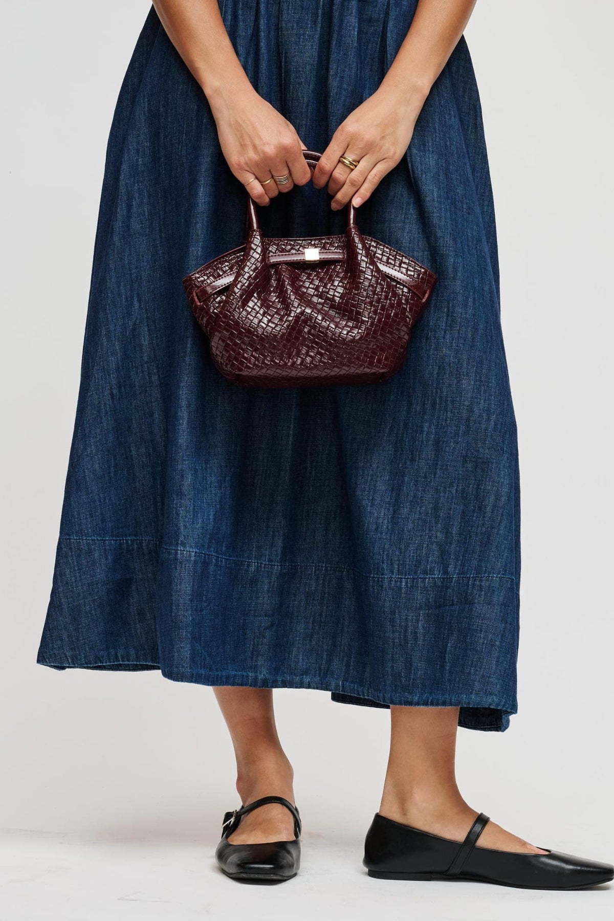 63032BEW Burgundy bag styled on model, view 3