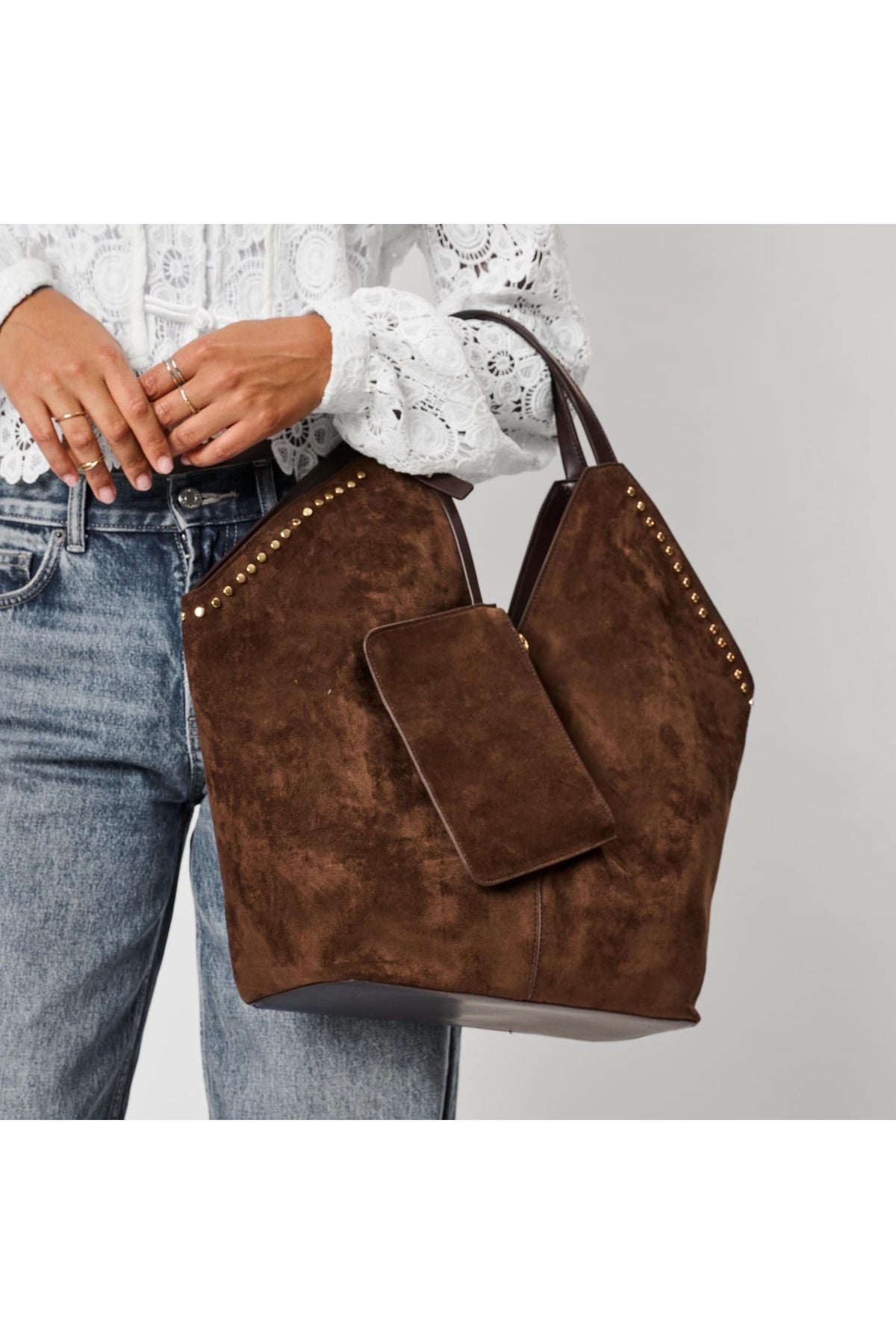 Moda Luxe 64573ML Chocolate bag styled on model, view 2