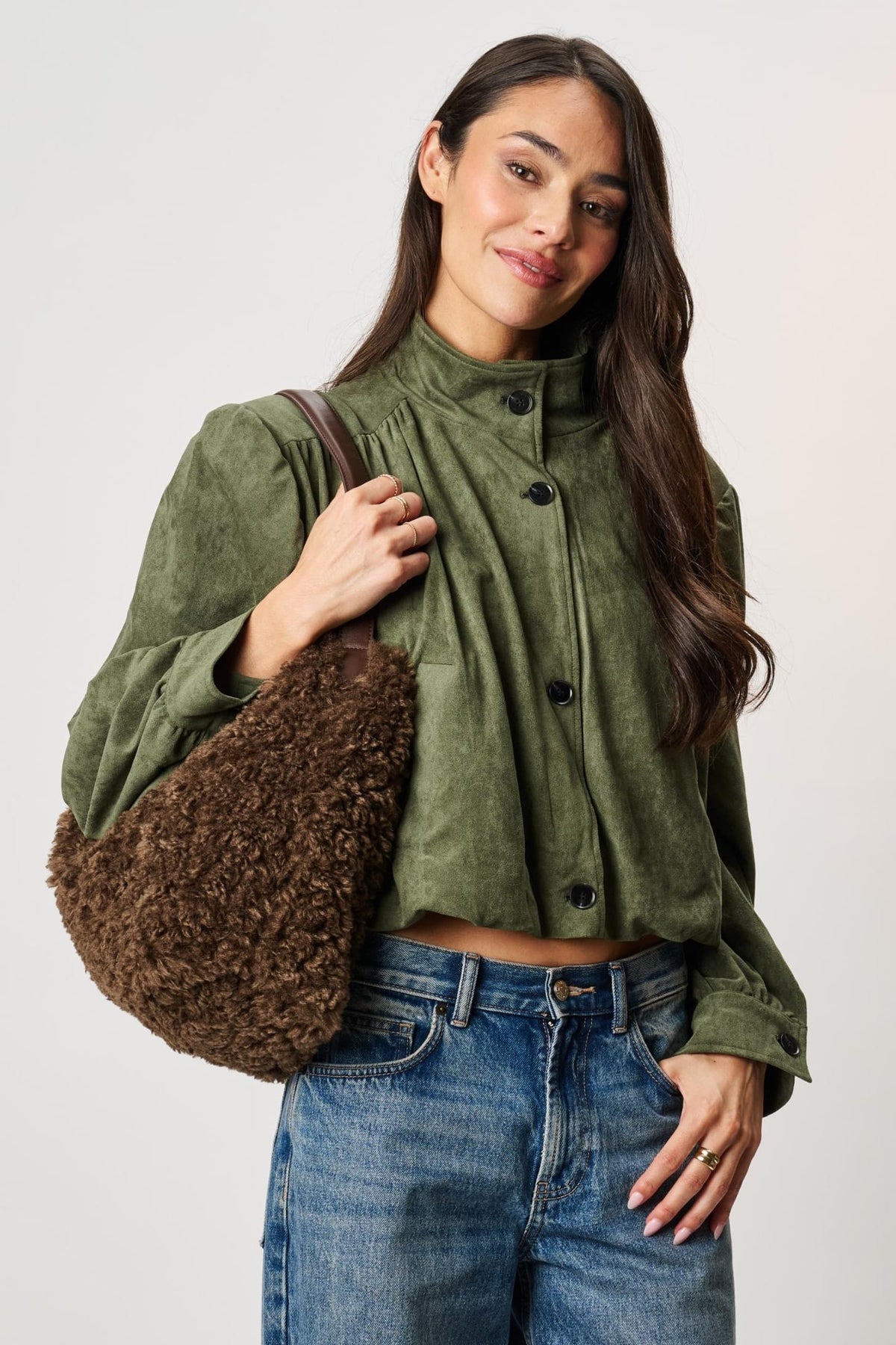 Moda Luxe 64578ML Brown bag styled on model, view 2
